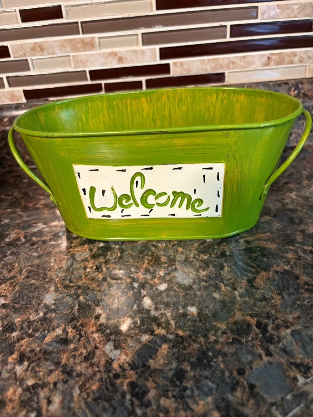 Welcome Green & Yellow Metal Decorative Tub - Home Accents